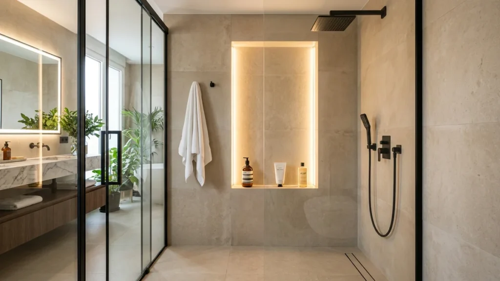 Hornacina de obra integrada e iluminada con tira LED en plato de ducha de baño en Madrid