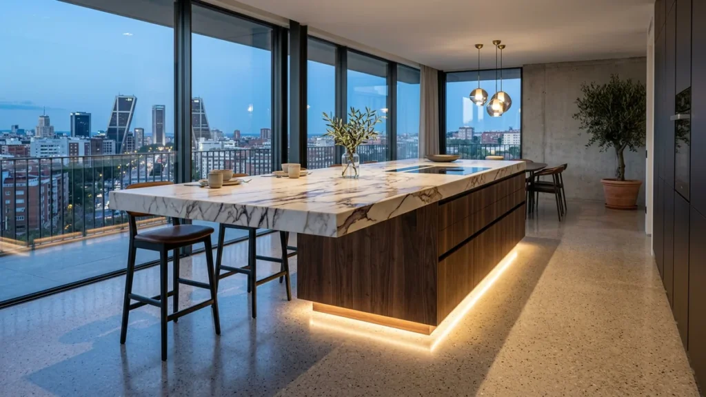 Isla de cocina flotante volada con encimera de mármol e iluminación LED inferior en Madrid