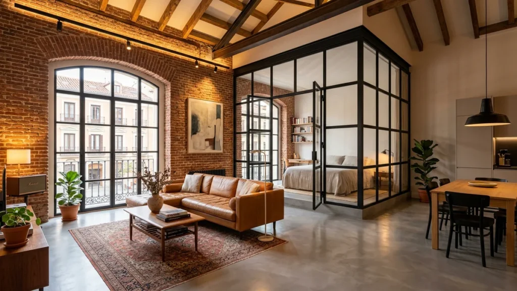 Reforma de loft estilo industrial con pared de ladrillo visto y cerramiento de hierro en Madrid
