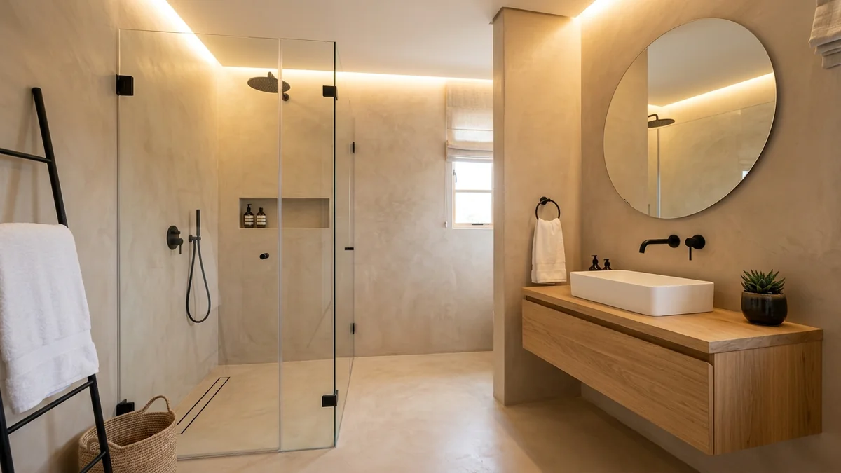 Baño moderno sin azulejos con paredes continuas de microcemento beige y mueble de roble en Madrid