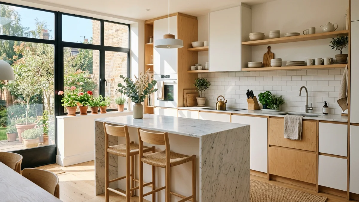 Cocina estilo nórdico escandinavo con muebles de madera clara encimera blanca y luz natural en Madrid