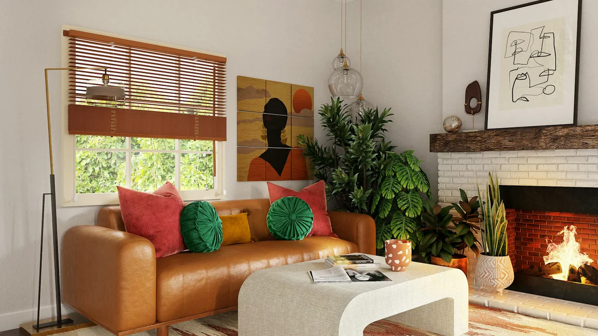 Diseño de salón moderno integrando pilar maestro con revestimiento decorativo y estantería en Madrid