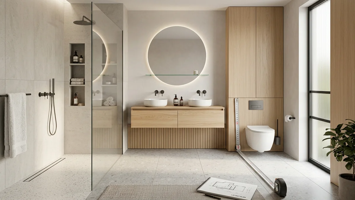 Distribución y medidas reglamentarias de sanitarios inodoro y lavabo en baño moderno de Madrid