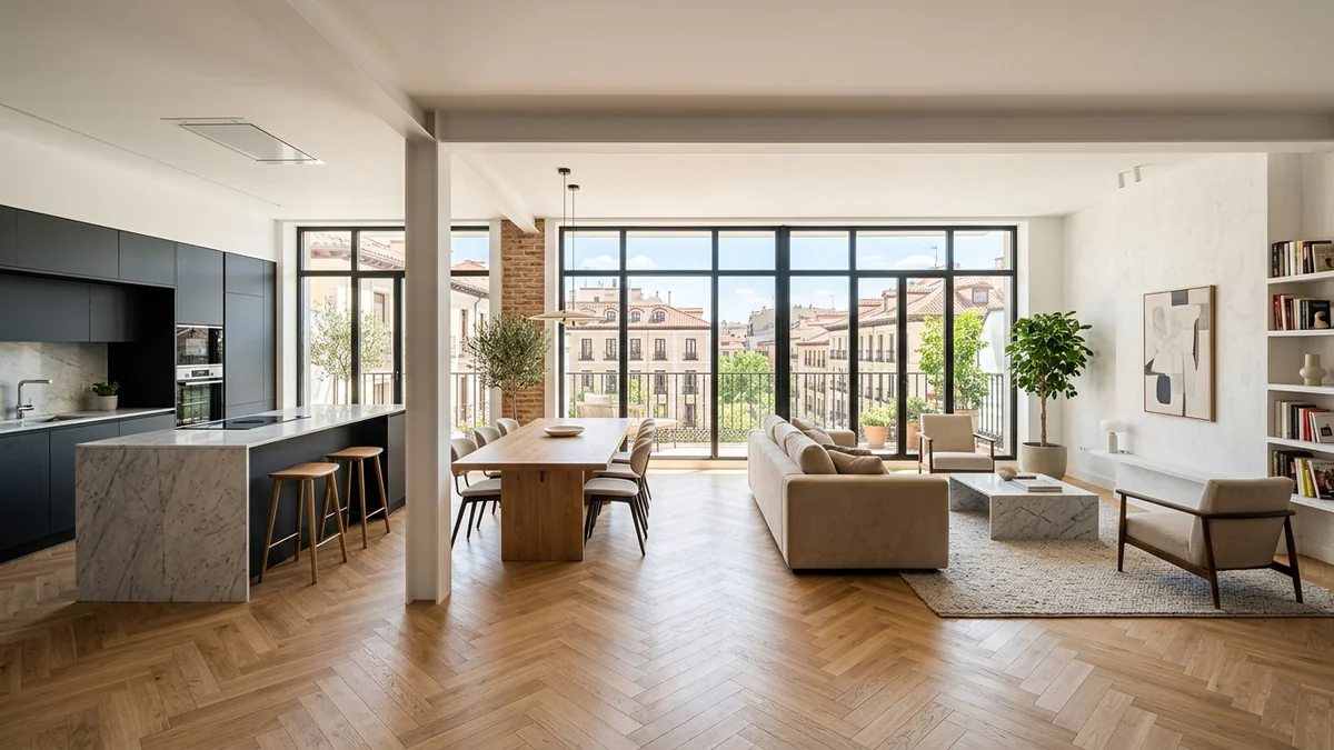 Piso diáfano reformado eliminando pasillo largo con salón cocina de concepto abierto en Madrid