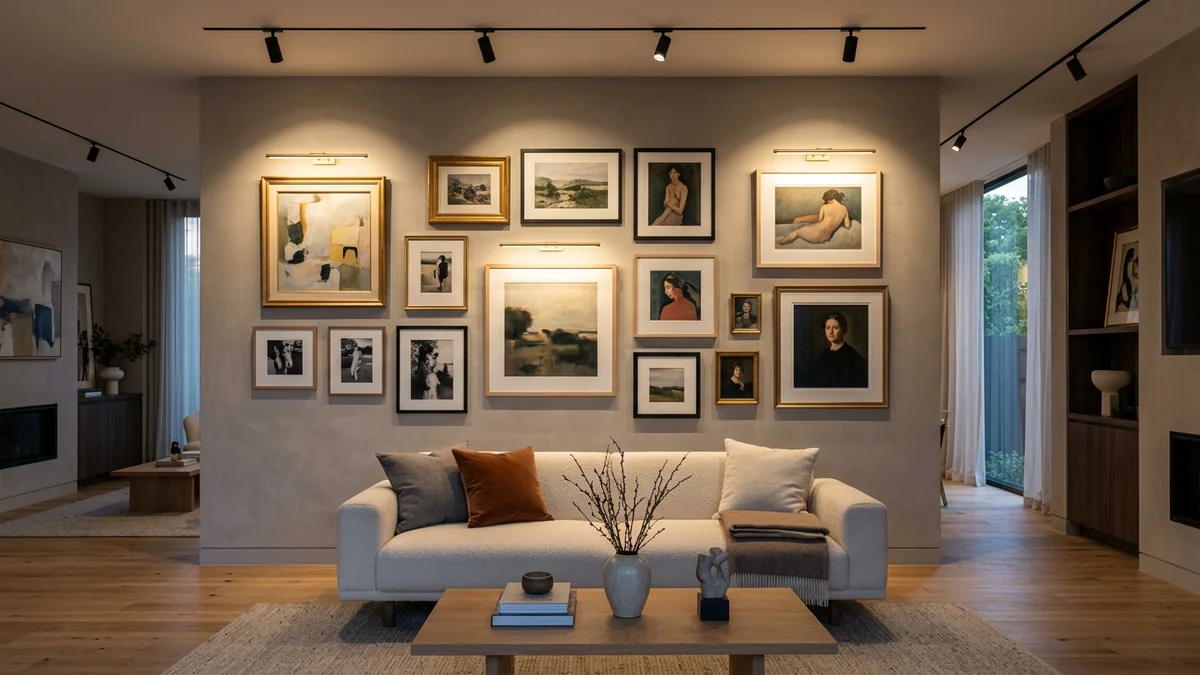Pared de galería de arte en salón con iluminación puntual de focos de carril LED en Madrid