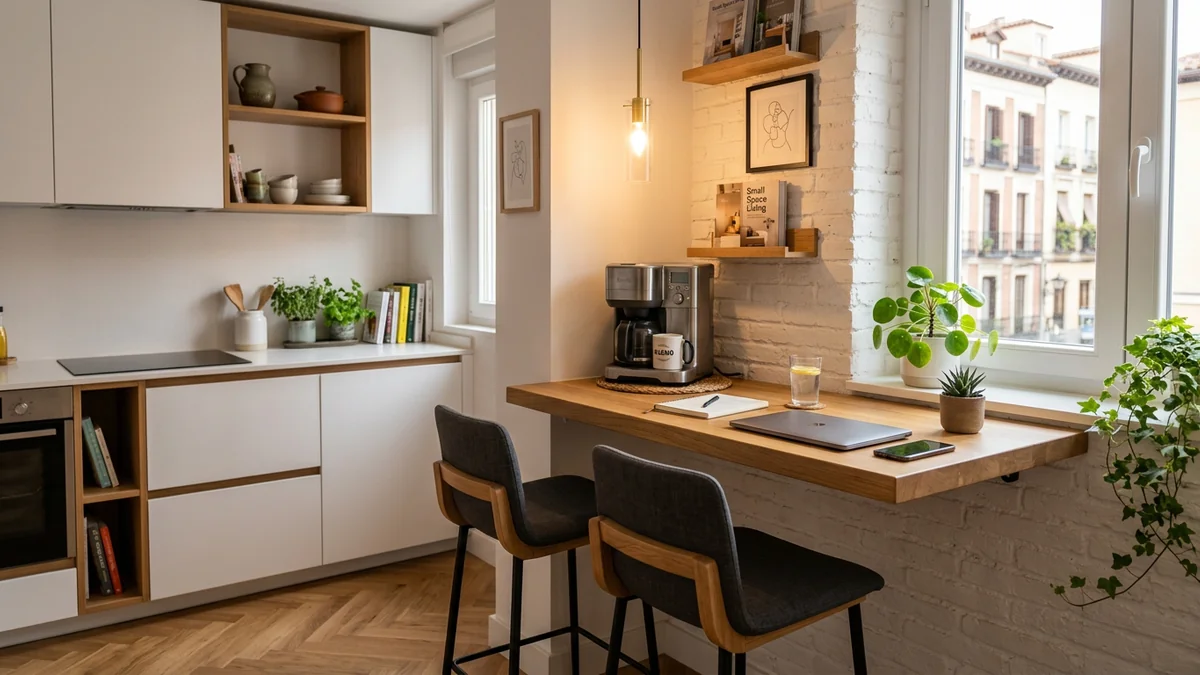 Zona de office y barra de desayuno en cocina pequeña con taburetes de diseño en Madrid