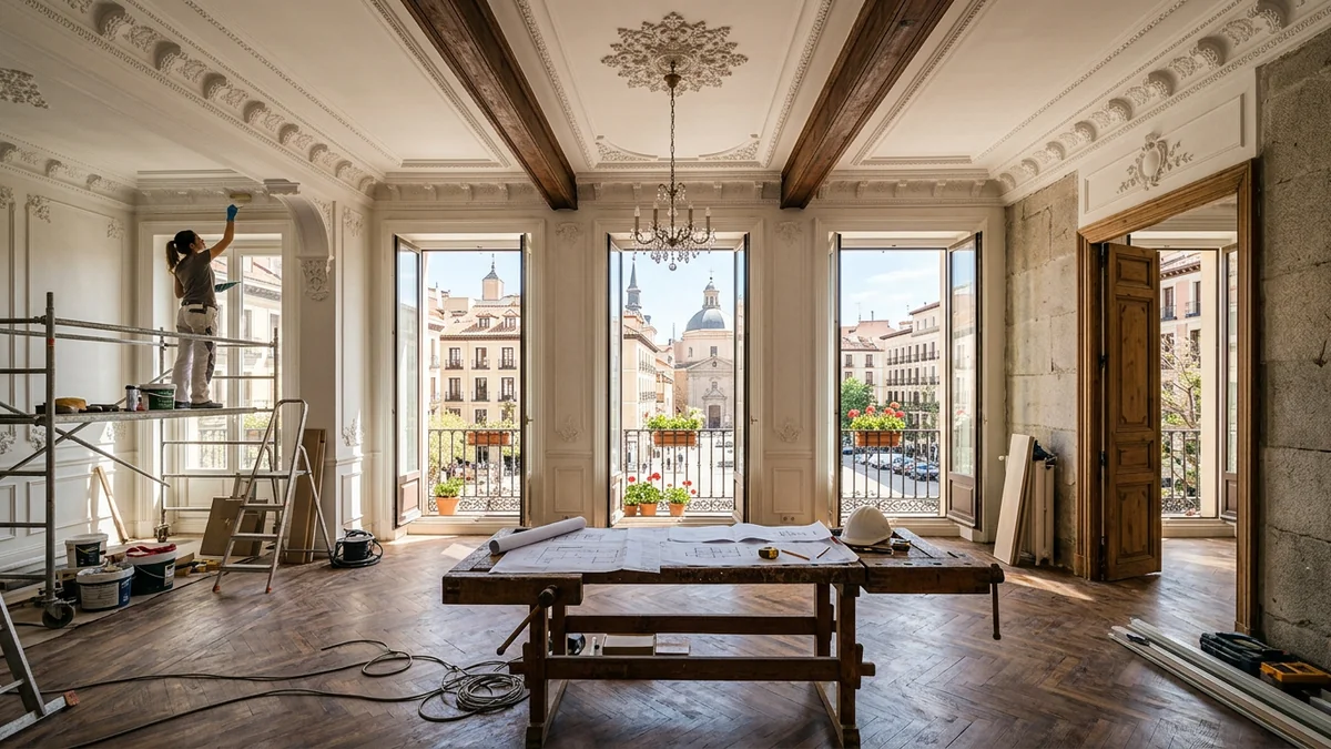Reforma de piso de techos altos y molduras clásicas en edificio protegido de Madrid